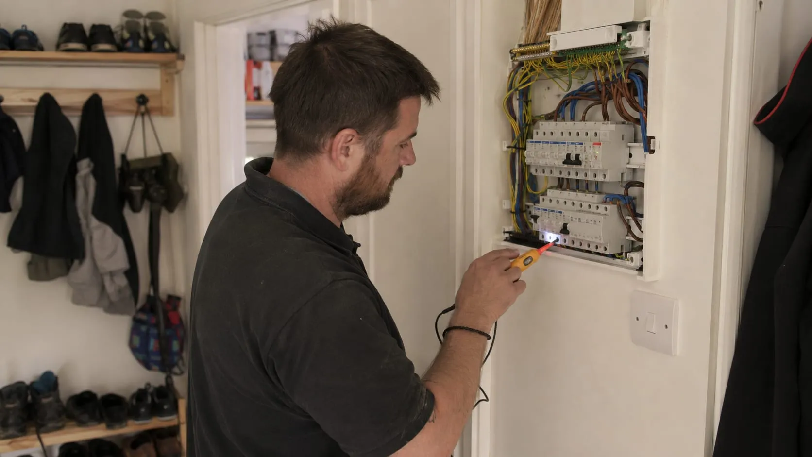 An electrician testing a domestic consumer unit with a voltage tester, the wiring exposed
