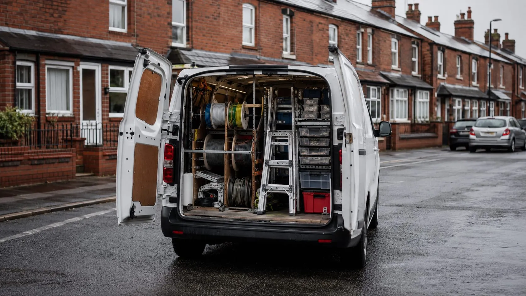 The open rear doors of a plain white electrician's work van, racked out inside with cable drums, conduit and labelled parts drawers.